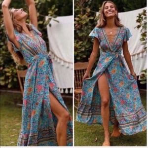 Boho Floral Print true wrap Maxi Dress v neck teal